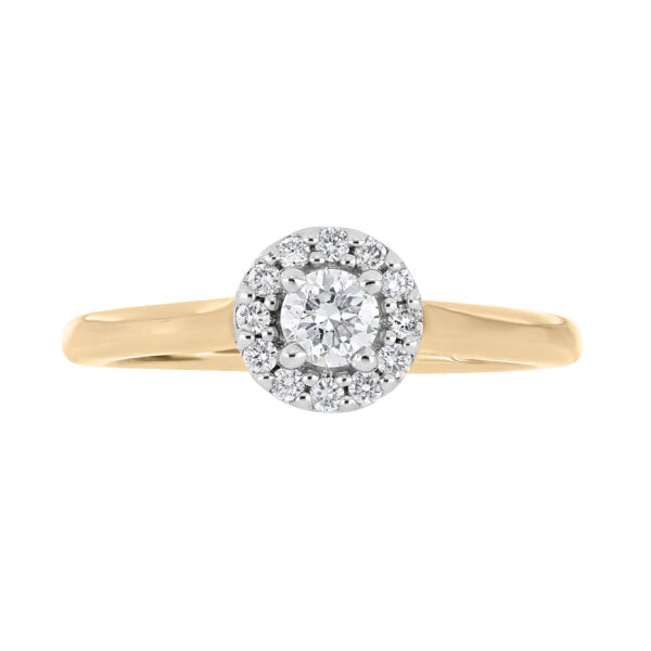 Anillo Solitario Oro Amarillo 14K Central (.25Q) y Rod. (.12Q)